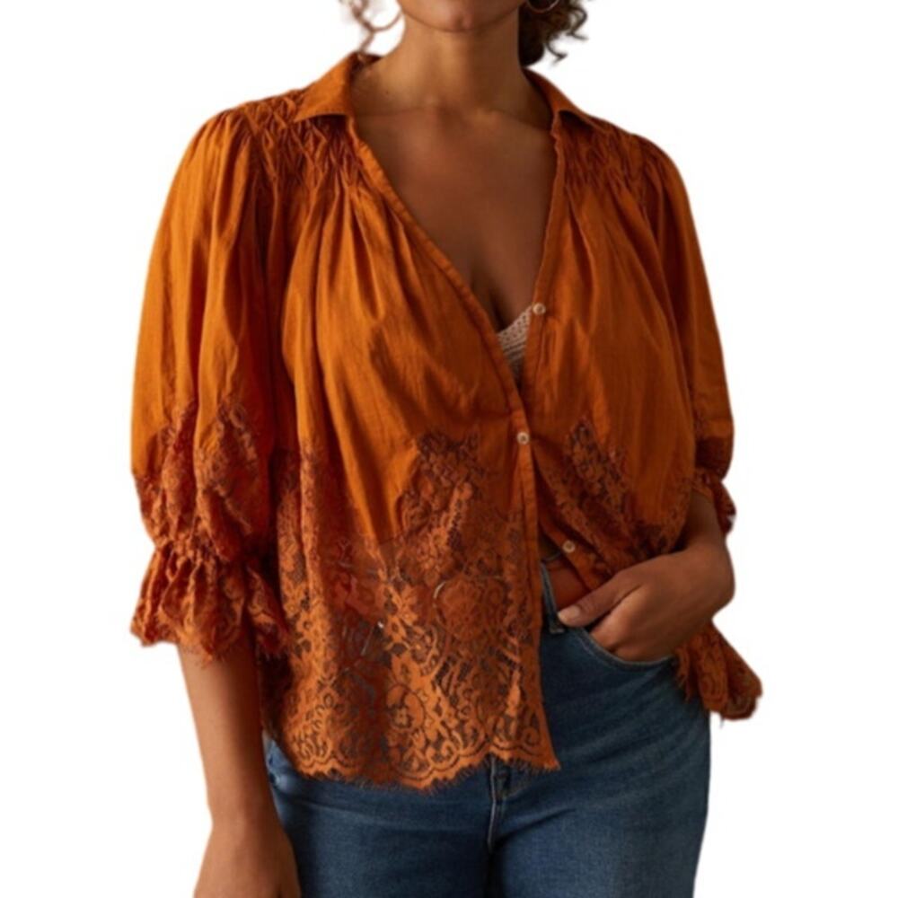 By Anthropologie Victorian Sheer-Lace Blouse Cropped Cedar Orange Women XL
